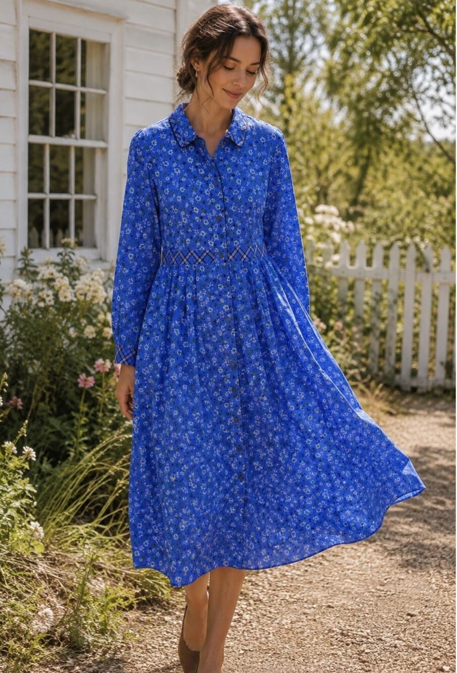Lanz of Salzburg Prairie Dress Blue Floral Flannel 1X Cottagecore 100% Cotton